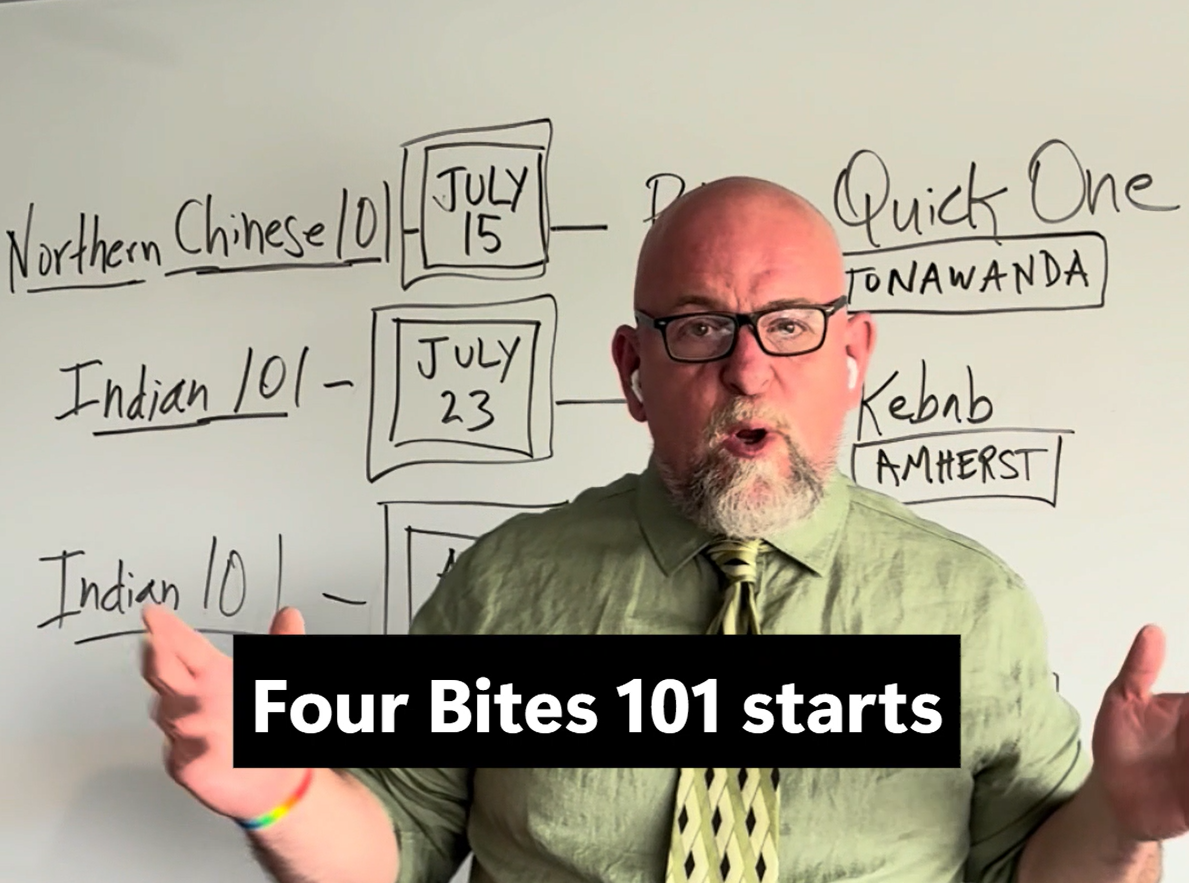 Read more about the article Four Bites 101 summer semester: July 15, Peking Quick One; July 23, Alibaba Kebab Amherst; Aug. 6 Alibaba Kebab Kenmore